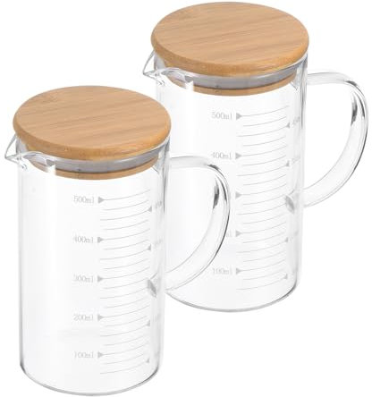 PATIKIL 500ml Glass Measuring Cup, 2 Pack 3.3 Borosilicate Glass Graduated White Printed Scale Liquid Measure Cups Beaker with Wood Lid and V-Shaped Spout for Kitchen