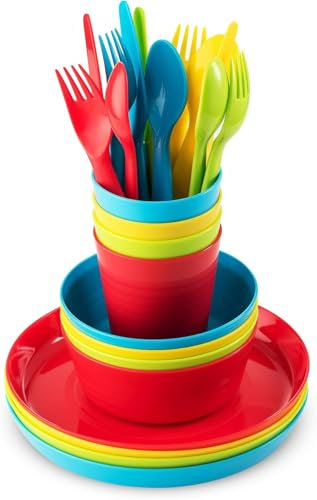 LATERN 24Pcs Reusable Plastic Dinnerware Set, 4 x Unbreakable Kids Dinner Plates & Salad Bowls, 4 x 240ml Cups, 4 x Reusable Knife & Fork & Spoon - for Cereal Soup Snack Fruit Salad (4 Colors)