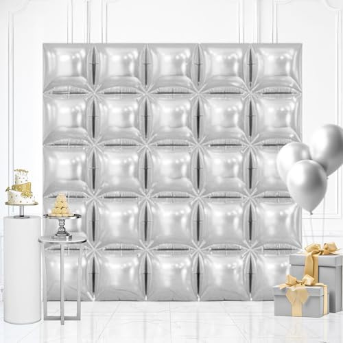 Silver Double Sided Square Balloons Wall, 19 Inch Silver Metallic Foil Balloons Tunnel Arch Kit for Birthday Wedding Engagement Graduation Anniversary Bachelorette Party Background Decoration