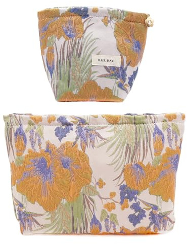 getgto 2 Pcs Makeup Bags, Large Cosmetic Bag Travel Toiletry Bag | Makeup Organizer for Women, Embroidery Craft, Floral Makeup Bag Small Cosmetic Pouch Purse with Zipper Gifts for Girls Teen