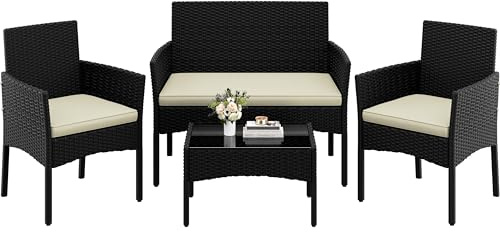 Yaheetech 4-Piece Rattan Conversation Set, Sofa & Glass Table, Black/Beige