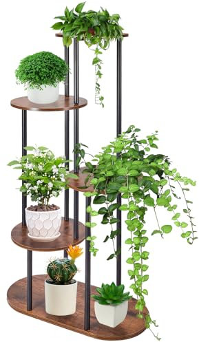 Gedlex Support Plantes Interieur, 5 étages Porte Plante Bois Rond, Etagere Plantes à Plusieurs Niveaux 86 cm, Étagère d'angle pour Plantes Convient pour le Salon, Chambre, Bureau, Terrasse