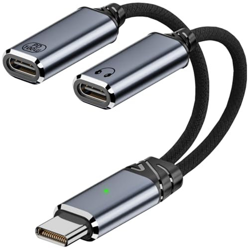 Leloco Divisor USB C 1 a 2, tipo C macho a 2 USB C hembra, cable Y adaptador para auriculares y adaptador de carga rápida de 100 W, para iPhone 16/Pro/Max, Samsung S24/S23, etc. Gris