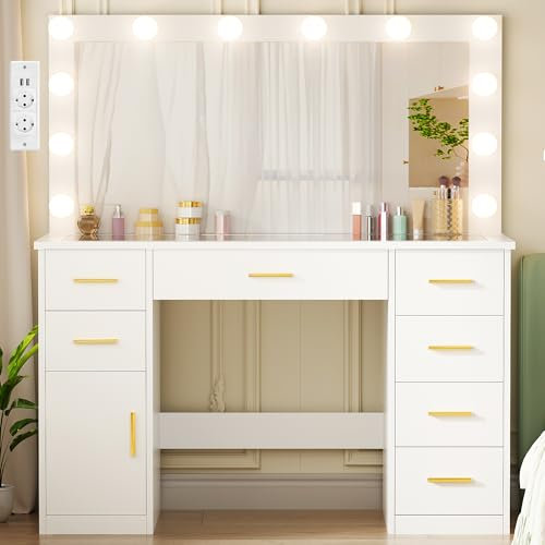 ANWBROAD Toeletta da Trucco con Luci e Grande Specchio, Moderna Postazione Trucco,Toletta con Piano in Vetro e Prese Tavolo da Trucco on 7 Cassetti, Bianco 140x110x40cm BDT83W