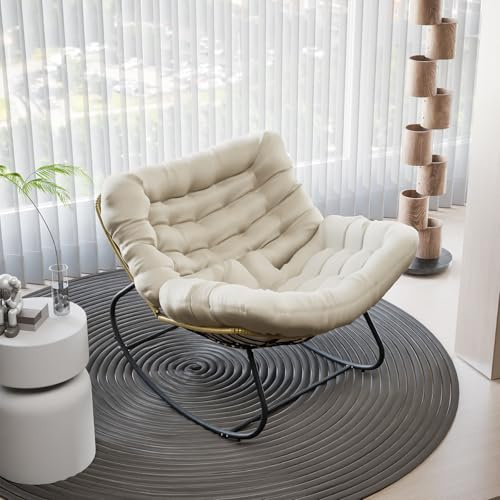 AuraFurn Gungstol, extra stor ergonomisk gungstol, rotting gungstol, relaxstol med extra tjock kudde, perfekt för balkong, trädgård och vardagsrum, bärförmåga upp till 140 kg (beige)