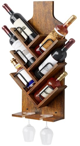 FAVOOSTY Portabottiglie da Parete,in legno,Portabottiglie da Appendere a 6 ripiani con portabicchieri, per cucina, Sala da Pranzo, Camera da Letto, Cantina, bar,Marrone
