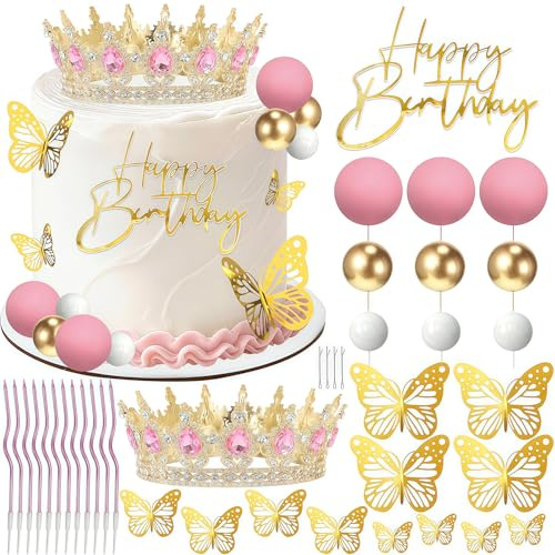 VelvetGlow Crown Cake Topper, Balls Happy Birthday Cake Topper, Crown Birthday Candles, Gold Butterflies, Cake Decorations for Birthday, Wedding, Baby Shower (Gold, Pink)