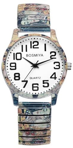 JewelryWe Damenuhr Boho Elastische Uhren Bohemian Stil Analog Quarz Armbanduhr Damen Senioren Edelstahl Stretcharmband Uhr mit Bunt Zugarmband und Großen Zahlen