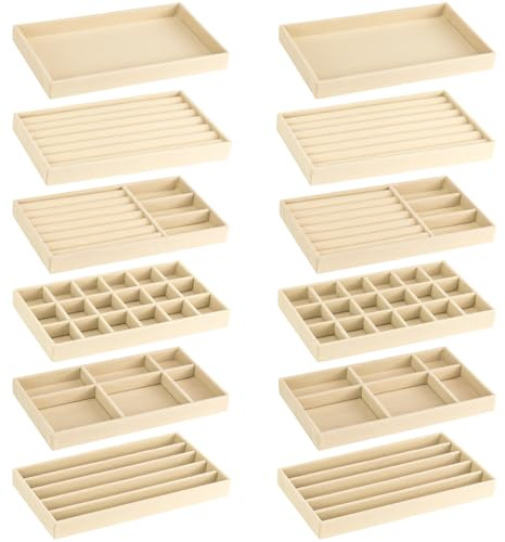 BOJVESH 12 Pcs Velvet Stackable Jewellery Trays, Off-White Jewellery Drawer Organiser, Large Removable Display Jewellery Tray, Necklace Bracelet Storage Box for Earring, Ring, Brooch, Watch