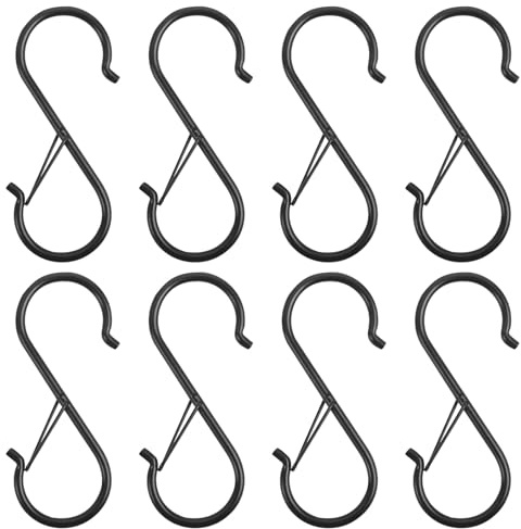 JWJDSAK Heavy Duty S Hooks with Safety Lock - 9.5 cm Large Black Metal Hanging Hooks, 8 Pack. Rust-Resistant for Kitchen Utensils, Pots, Plants, Bathroom Organization, Clothes, Bags & More.