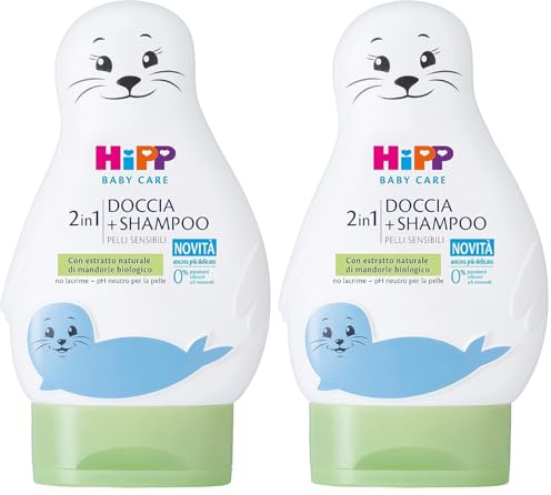 HiPP - Baby Care Doccia Shampoo per Bambini a Forma di Simpatica Foca, Deterge con Delicatezza Corpo e Capelli, pH Neutro, con Estratto di Mandorle Bio, 1 Flacone da 200 ml (Confezione da 2)
