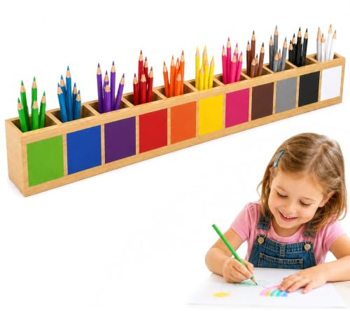Pot à Crayons de Couleur en Bois 11 Compartiments, 73 * 9 * 8cm Design des Arrondis - Porte-crayons Décoratif et Créatif Montessori pour l'école, le Bureau, la Maison