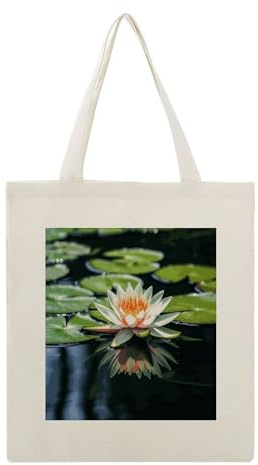 MUSM Water Lily Canvas Tote Bag for Women Reusable Grocery Bags Aesthetic Prints Casual Handbag Economical Shopping Bags Fashion Shoulder Bag for Daily Use&Gifts 16x13in