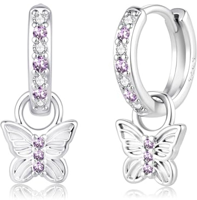 Zolkamery Creolen Silber 925, Schmetterling Kleine Ohrringe Sterling Silber Hängend, Hypoallergen Schlafen Ohrringe Creolen mit Anhänger Zirkonia, Geschenke für Freundin Frauen Mädchen Kinder