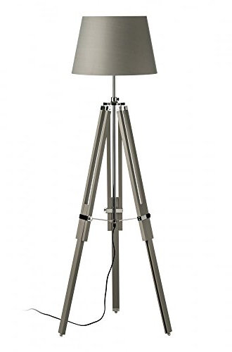 Lámpara de pie con trípode de madera gris y cromo