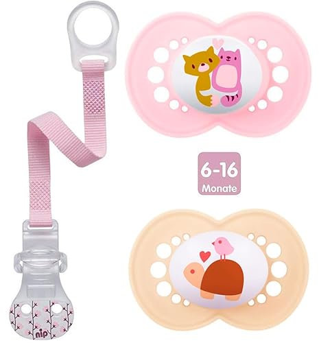 MAM Skin Soft Silikon Schnuller // 6-16 Mo. Girl // 2er Set // inkl. Sterilisiertransportbox & NIP Schnullerband