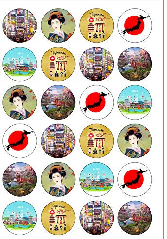 Lot de 24 décorations prédécoupées rondes en papier comestible pour gâteaux, thème du Japon