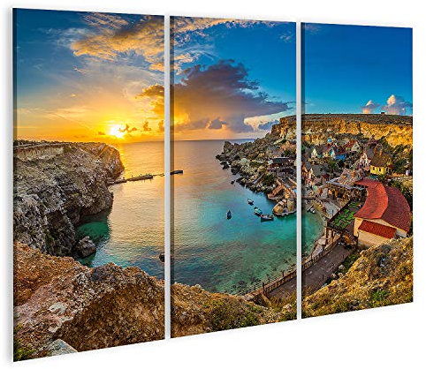 islandburner Bild auf Leinwand Il Mellieha Malta Panoramablick Skyline Popeye Dorf Anchor Bay Sonnenuntergang Bilder Wandbilder Poster