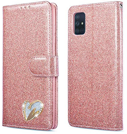 QLTYPRI Hülle für Samsung Galaxy A51, Glitzer Handyhülle PU Ledertasche TPU Etui Handschlaufe Kartenfach mit Eingelegten Liebe Herz Diamond Flip Schutzhülle für Samsung Galaxy A51 - Rosegold