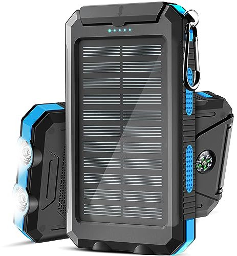 Caricatore solare da 20000 mAh, portatile, impermeabile, compatibile con tutti gli smartphone esterni con 2 porte USB/LED flashlights for outdoor Camping (nero/blue)