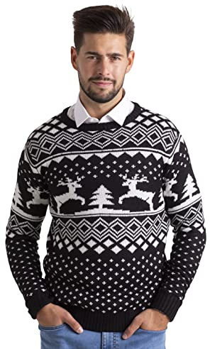 Herren Weihnachts Jumper Ugly Rentier Strickpullover Winter Jumper Rundhals Langarm Xmas Christmas Sweater Größen S–XXL (Schwarz, L)