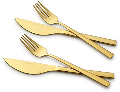 ECHTWERK Pizzabesteck-Set, Pizzaset, Steakbesteck, Essbesteck 4-teilig für bis zu 2 Personen, Mit 2 Pizzamessern und 2 Pizzagabeln aus Edelstahl, Gold-Edition, EW-PK-2203G