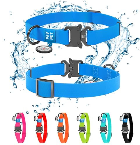 FAVPET Wasserdicht Biothane Halsband Hund Verstellbar, Bunte Hundehalsbänder mit Cobra Schnalle und QR Code Anhänger, Halsband Hund Grosse Hunde, Halsband Hund Klein, Welpen Halsbänder (Blau, L)