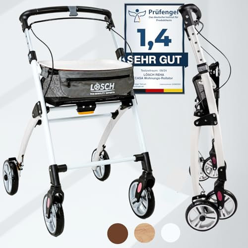 Casa Weiß Rollator schmal für Wohnung & Innenbereich, faltbar & leicht, 5 kg I höhenverstellbarer Wohnungsrollator von Lösch Reha I zuverlässige Gehhilfe für Senioren