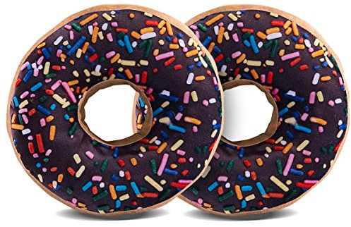 HYSEAS Round Throw Pillow 14 Inch Chocolate Donut, 3D Digital Print Decorative Comfortable Soft Plush Funny Food Shaped Pillow Light Weight Seat Pad Cushion for Couch, Chair, Floor, Sofa, 2 Pack