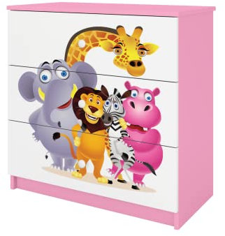 Générique Commode BABYDREAM - Zoo - en Panneaux de Particules 81x41x80,5 cm, 3 tiroirs, Couleur Rose Poudré