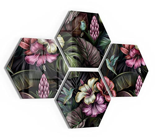 DEQORI Glasbilder Echtglas | Motiv Blüten, Blätter und Vögel | sechseckig 4-teilig 100x69 cm | große XXL Deko | Wandbilder für Wohnzimmer, Schlafzimmer, Flur & Küche | moderne Wanddeko