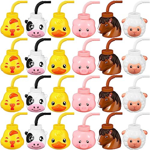 Roshtia 24 Sets Farm Animal Cups with Straws and Lids 11 oz Plastic Animal Themed Cute Pig Sheep Chicken Duck Horse Cow Straw Cups for Kids Birthday Farm Theme Party Favor Supplies