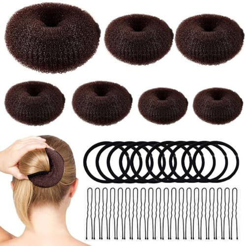 Donut Hair Bun Maker Set 7 Stück, Haarschmuck Knotenkissen, Donut Hair Bun Set, Frisurenhilfe Set mit 10 Elastischen Haarband, 20 U Form Haarspange Haarnadel, Braun