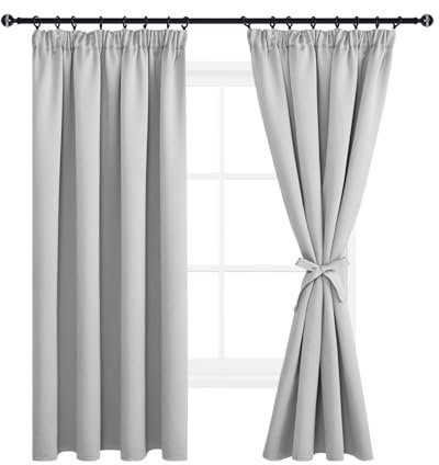 DWCN Gardinen Blickdicht 2er Set Silber Grau Vorhänge mit Kräuselband Verdunkelungsvorhänge Küche Gardinen Kurze Gardinen Schlafzimmer Vorhänge Blickdicht mit Vorhang-Krawatten, 137x117cm(HxB)