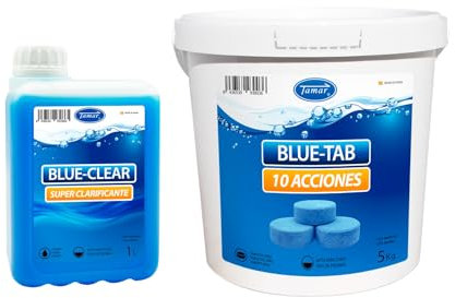 Tamar Blue Pack Piscinas, Cloro 10 acciones BlueTab + Clarificante Floculante BlueClear, floculante y alguicida, Mantenimiento Completo tabletas de 200 gr