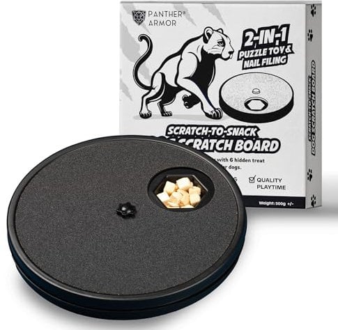 PANTHER ARMOR Scratch-to-Snack Dog Scratch Board, Dog Nail File Board with Hidden Treats Compartment & Emery Paper, Scratch Pad for Dogs (Black)