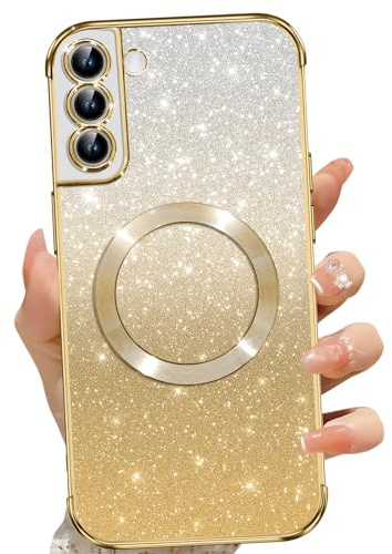 Phoona für Samsung Galaxy S21 FE 5G Hülle, Magnetisch Handyhülle Kompatibel mit MagSafe, Keine Vergilbung, Kratzfeste, Ganzkörperschutz Glitzer Hülle für Samsung S21 FE 5G, Mit 2 Schutzfolie, Gold