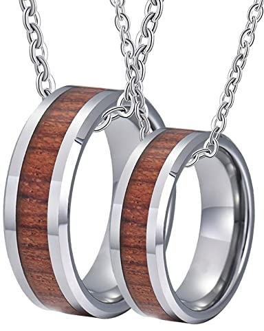 Gualiy Halskette Paare mit Gravur, Wolfram Anhänger Halskette 8mm Silber Holzring Abgeschrägte Kante Halskette Damen 52 + Herren 60