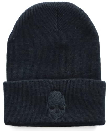 RALSPEC Schwarze Beanie-Mütze für Jungen und Herren, mit Totenkopf-Logo, warm, Winter, Wolle, Strick, Kopfbedeckung, Gothic, Punk, Schwarz , M/L