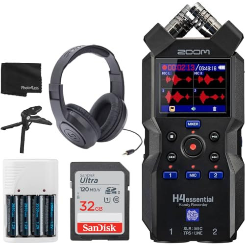 Zoom H4essential Handy Recorder Bundle mit 32 GB Speicherkarte, Over-Ear-Stereo-Kopfhörern, 4 AA-Batterien und weißem Ladegerät und Zubehör