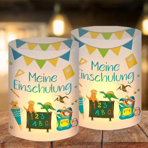 12 Windlicht Tischdeko Einschulung Junge, Meine Einschulung Tisch Deko, Windlichter Tischdeko Schulanfang Blau, Dinosaurier Mein Erster Schultag Deko Junge, Geeignet für Teelichter oder Kerzen