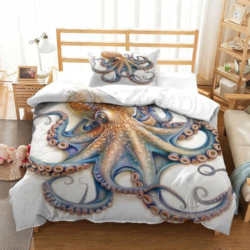 MLPNHTRFV 3D-Krake 3D Gedruckter Wilde Tiere Bettwäschegarnitur Für Kinder Mädchen Jungen Bettbezug Set Bettwäsche Weich Microfaser Und Kissenbezüge Reissverschluss 2 Teilig Single(135x200cm)