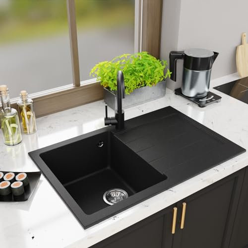 Fregadero de granito con escurridor, sifón Lavello Decoro 1.0, negro - derecho
