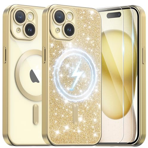Ethanger for iPhone 15 Plus Case with 2 Screen Protector Compatible with MagSafe, Magnetic Cover Shockproof Frosted Bumper with Glitter Card and Wrist Strap for Women Girls, Titanium Gold