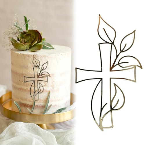 1 Stück Tortendeko Kreuz Cake Topper Taufe Personalisiert Taube Gold Acryl Torte Deko Erstkommunion Kommunion Tortendeko Christening Konfirmation, Kreuz und Blätter