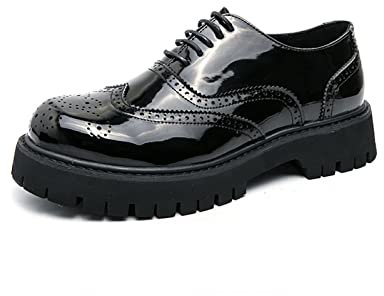 DIGJOBK Zapatos de lujo para hombre, zapatos de tacón alto con cordones, de cuero negro, gruesos, con plataforma retro, zapatos Oxford para hombre que aumentan la altura, Negro brillante, 43.5 EU