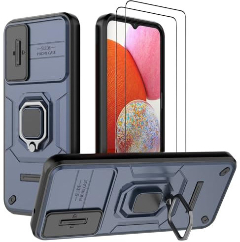 DERHAN Coque pour Samsung Galaxy A14 4G / A14 5G, Housse avec Verre Trempé [2 Pièces] + Couvercle de Caméra Coulissant, Coque Antichoc avec Béquille - Marine