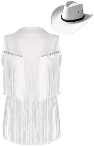Jugaoge Damen Western Cowgirl Kostüm Wildleder Weste mit Fransen Cowboy Hut Retro Hippie Cosplay Motto Party Outfits Weiß S