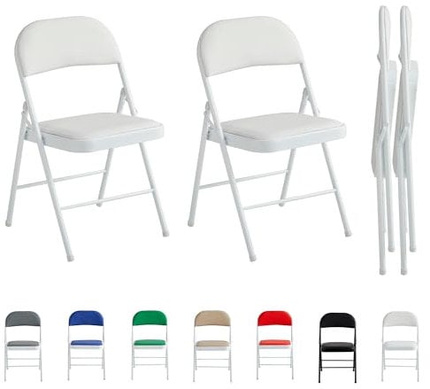 mcc direct Set of 2 Folding Chairs, Faux Leather Foldable Chairs with Metal Frame and Padded Seat, Easy to Fold and Store for Home, Office, Dining and Reception (White)