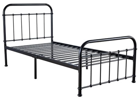 Home Source Black Metal Bed Frame, Platform Design with Headboard and Footboard, Hospital Style, Solid Bar Slats, 3ft Single